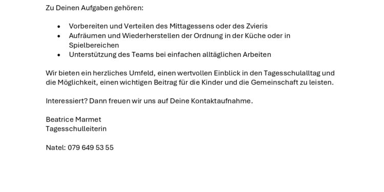 Die Tagesschule Thierachern sucht freiwillige Mitarbeitende ab August 2026.