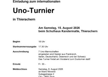 Uno-Turnier des ESC Thierachern – 15. August  Ort: Schulhaus Kandermatte, Thierachern